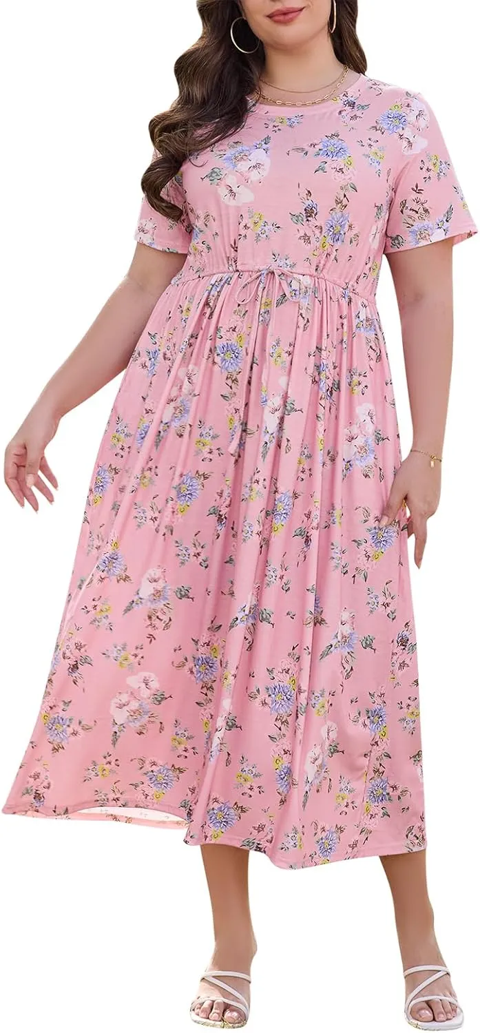 Keluummi Plus Size Summer Maxi Dresses for Curvy Women, Casual Floral Long Wedding Guest Sundress with Pockets