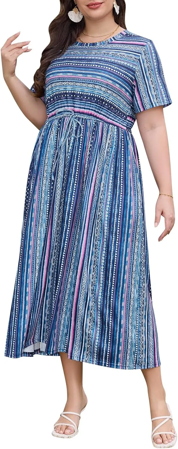 Keluummi Plus Size Summer Maxi Dresses for Curvy Women, Casual Floral Long Wedding Guest Sundress with Pockets