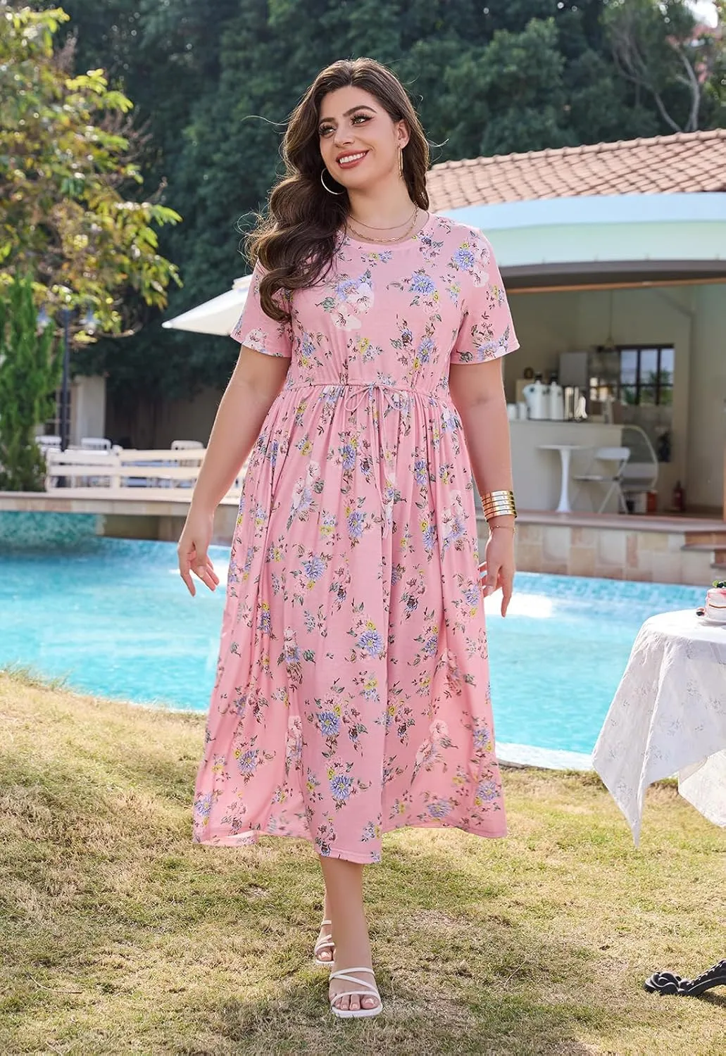 Keluummi Plus Size Summer Maxi Dresses for Curvy Women, Casual Floral Long Wedding Guest Sundress with Pockets
