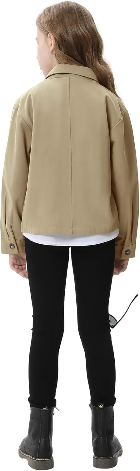 Kids Girls Outwear Jacket Hooded Lightweight Button Down Trench Coat Waterproof Active Windbreaker