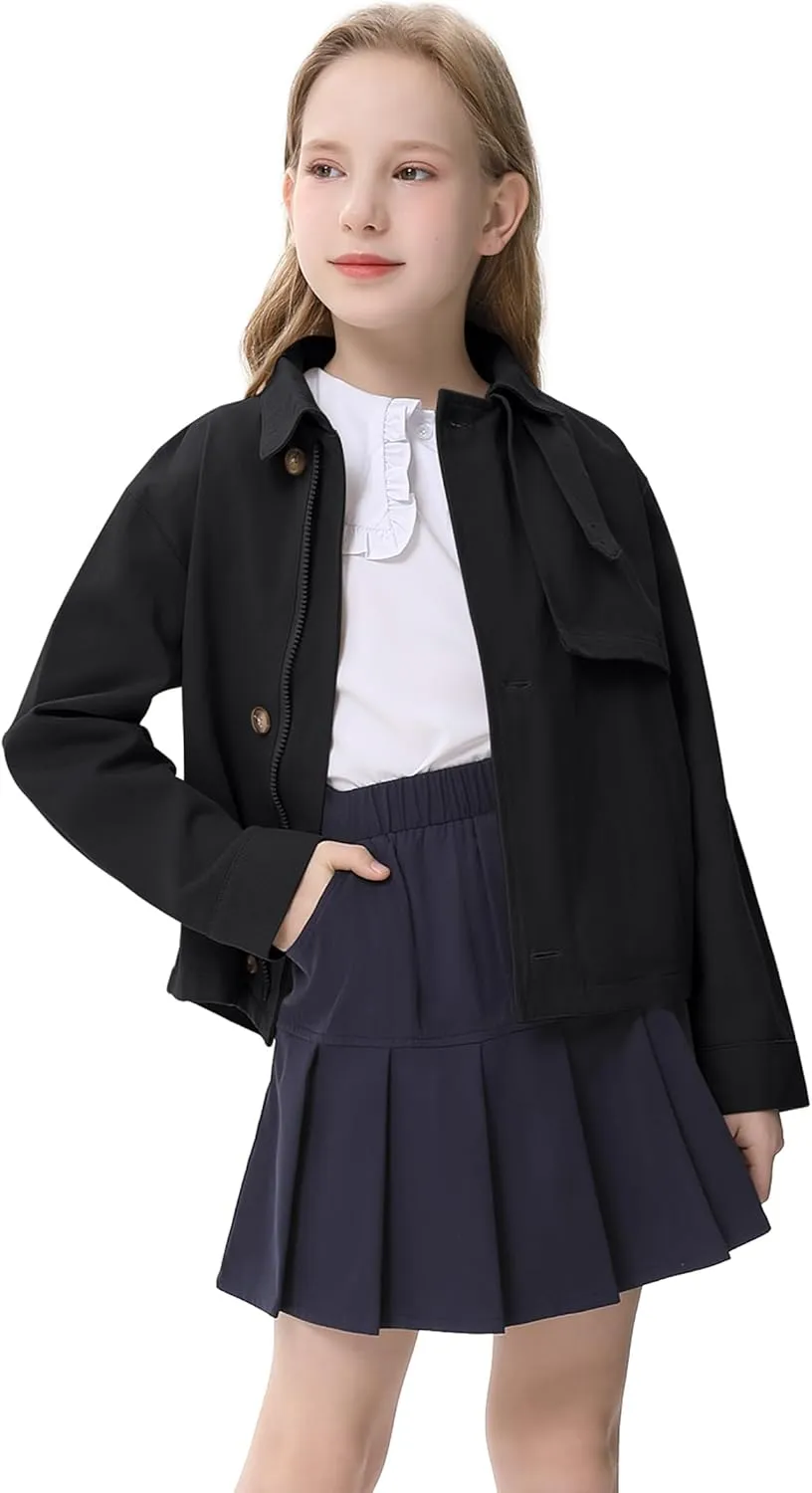 Kids Girls Outwear Jacket Hooded Lightweight Button Down Trench Coat Waterproof Active Windbreaker