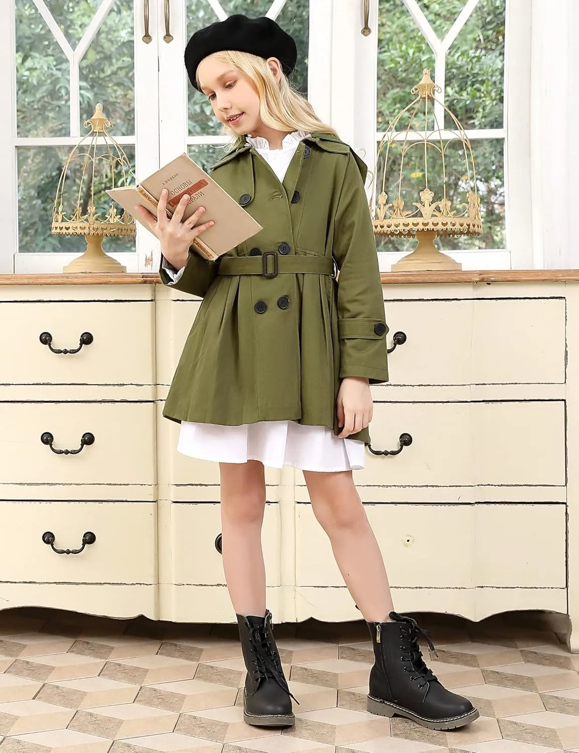Kids Girls Outwear Jacket Hooded Lightweight Button Down Trench Coat Waterproof Active Windbreaker