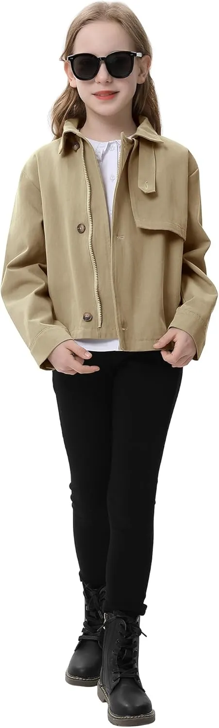 Kids Girls Outwear Jacket Hooded Lightweight Button Down Trench Coat Waterproof Active Windbreaker