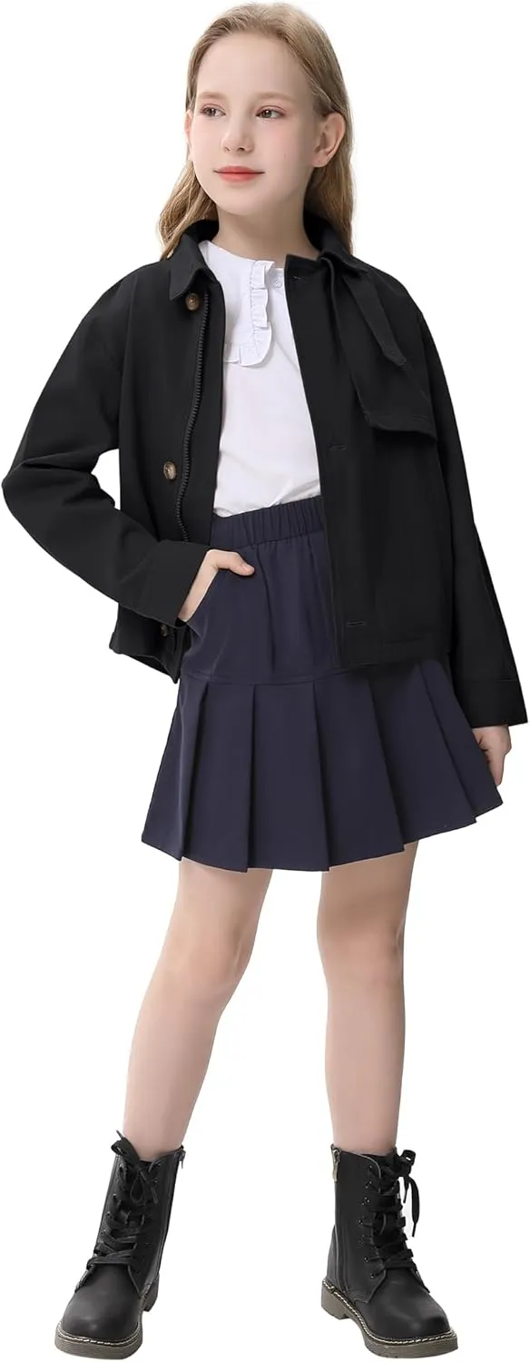 Kids Girls Outwear Jacket Hooded Lightweight Button Down Trench Coat Waterproof Active Windbreaker