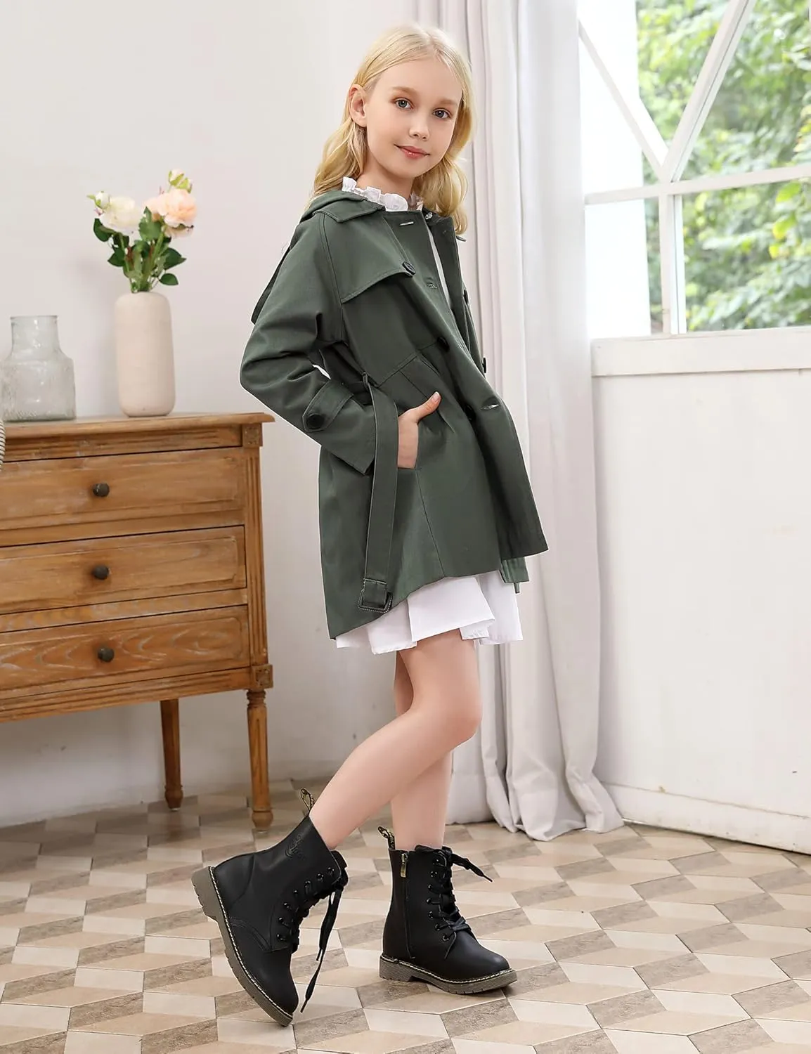 Kids Girls Outwear Jacket Hooded Lightweight Button Down Trench Coat Waterproof Active Windbreaker