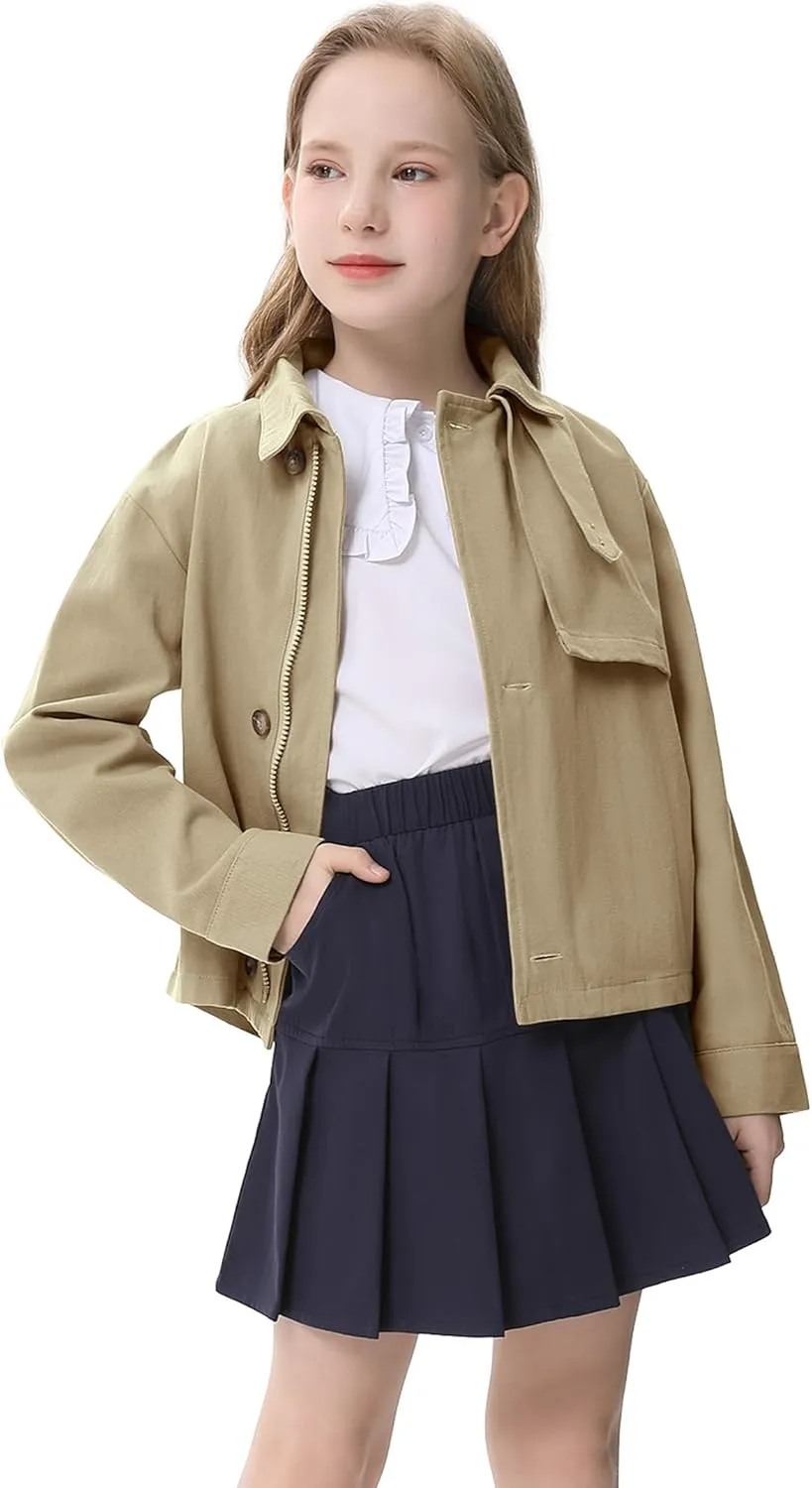 Kids Girls Outwear Jacket Hooded Lightweight Button Down Trench Coat Waterproof Active Windbreaker