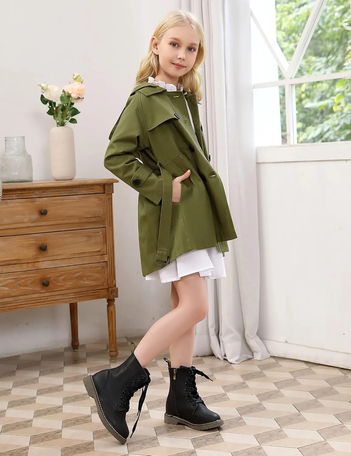 Kids Girls Outwear Jacket Hooded Lightweight Button Down Trench Coat Waterproof Active Windbreaker