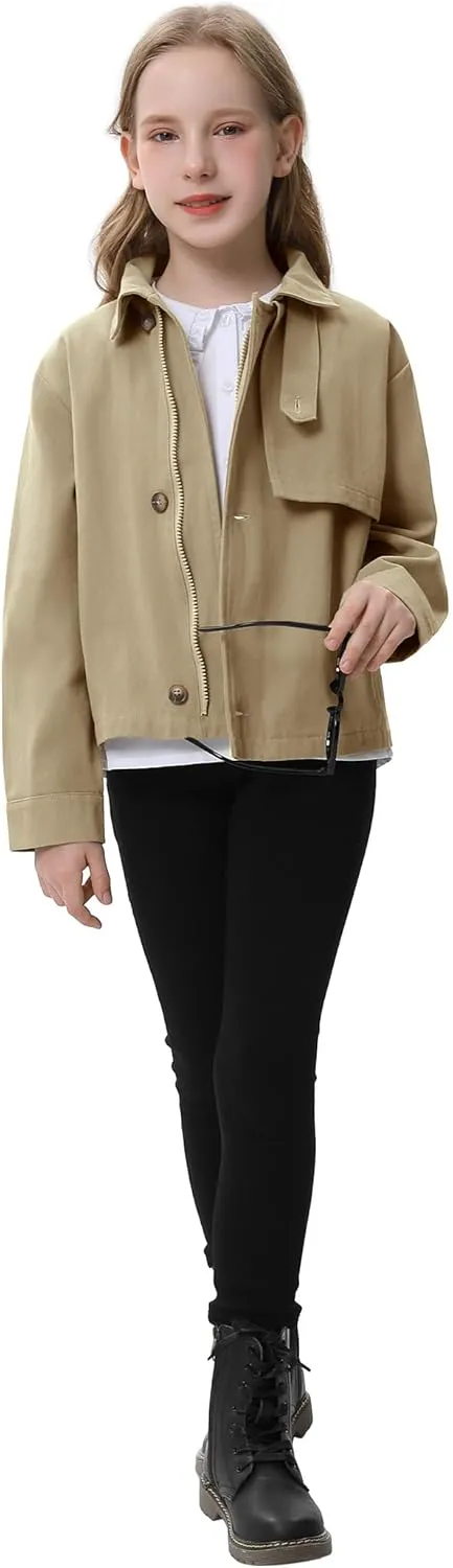 Kids Girls Outwear Jacket Hooded Lightweight Button Down Trench Coat Waterproof Active Windbreaker