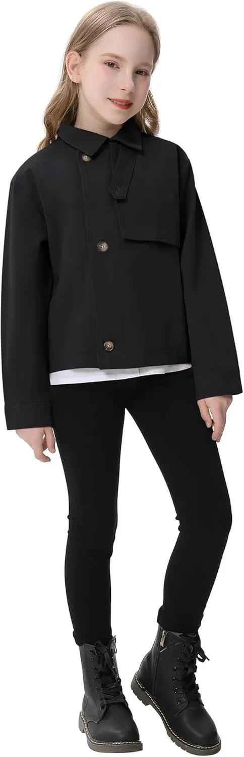 Kids Girls Outwear Jacket Hooded Lightweight Button Down Trench Coat Waterproof Active Windbreaker