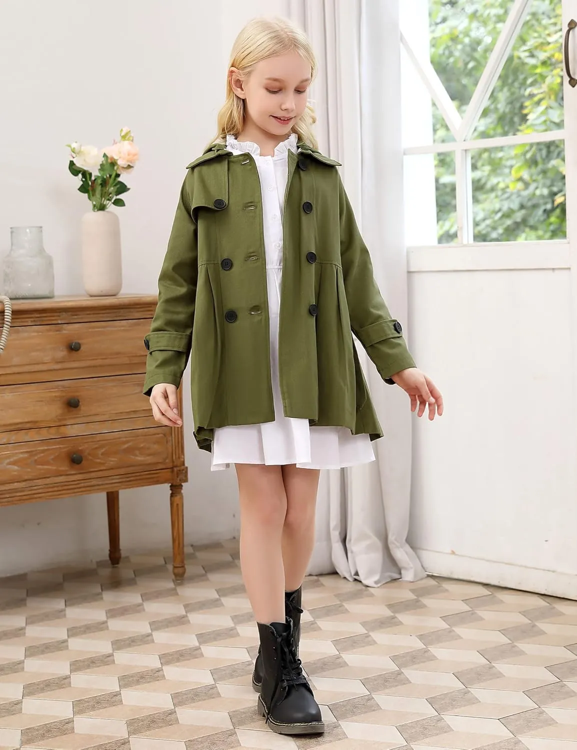 Kids Girls Outwear Jacket Hooded Lightweight Button Down Trench Coat Waterproof Active Windbreaker