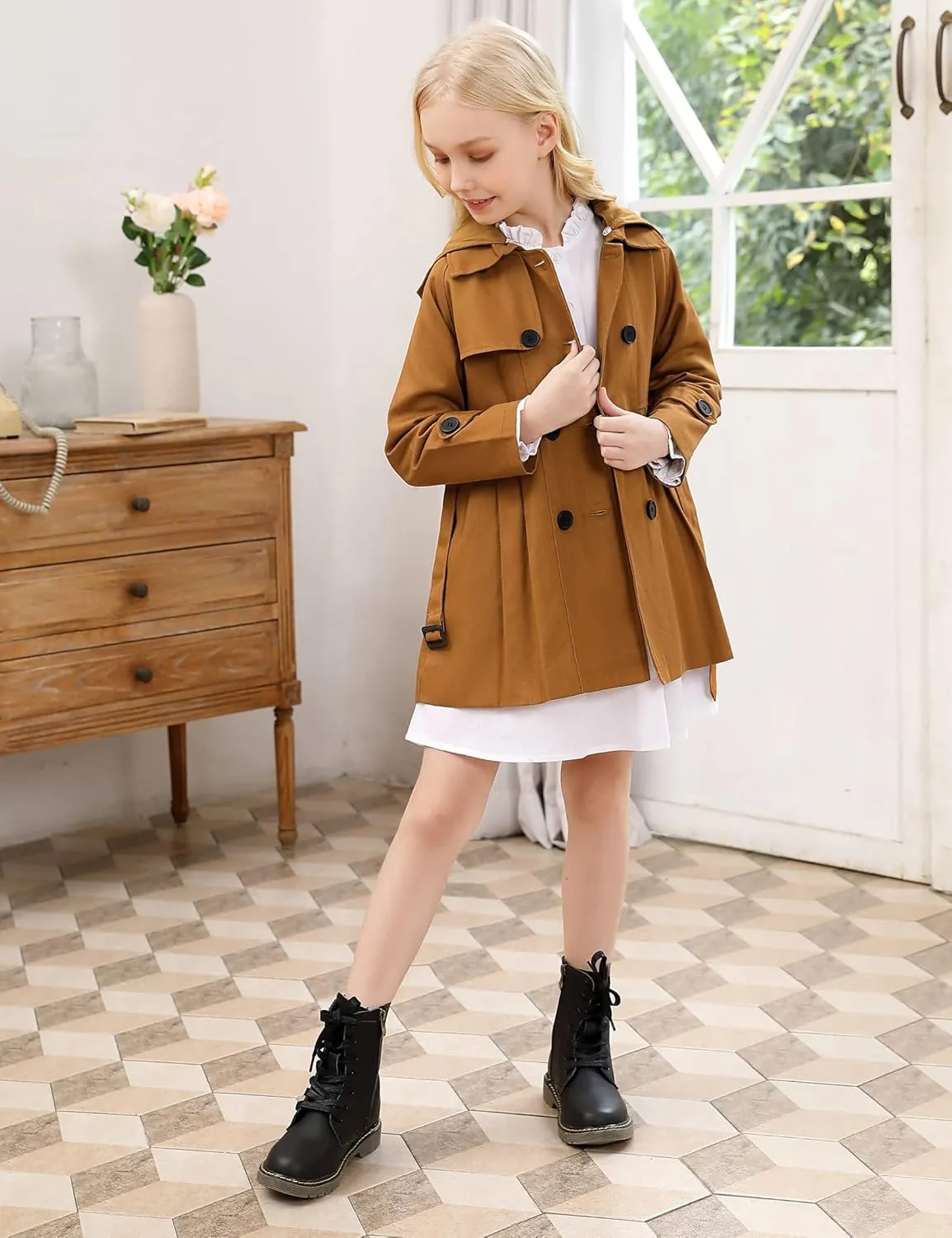 Kids Girls Outwear Jacket Hooded Lightweight Button Down Trench Coat Waterproof Active Windbreaker