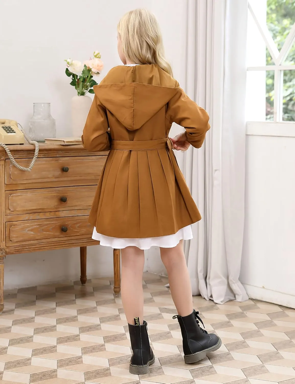Kids Girls Outwear Jacket Hooded Lightweight Button Down Trench Coat Waterproof Active Windbreaker