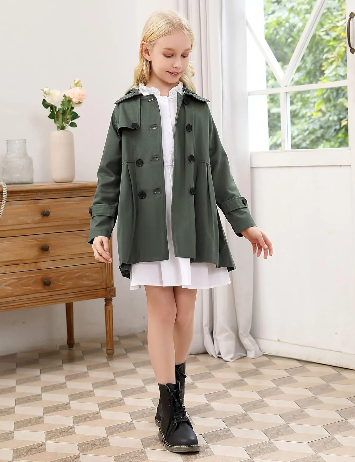 Kids Girls Outwear Jacket Hooded Lightweight Button Down Trench Coat Waterproof Active Windbreaker