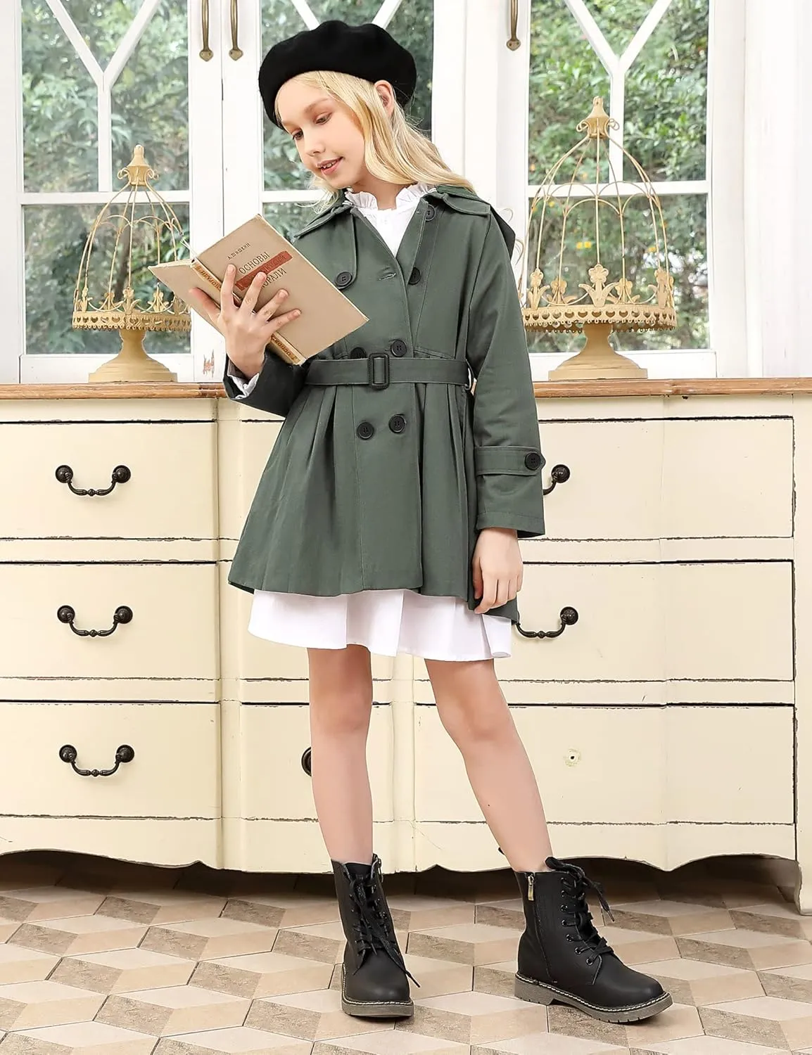 Kids Girls Outwear Jacket Hooded Lightweight Button Down Trench Coat Waterproof Active Windbreaker