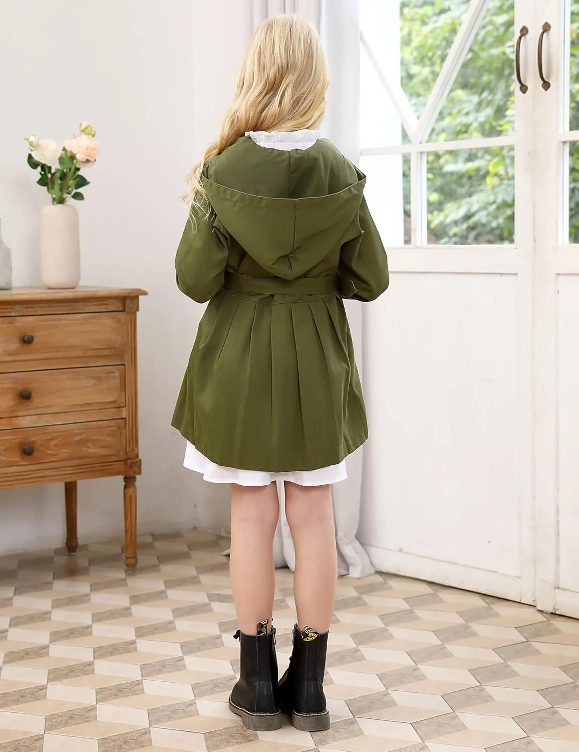 Kids Girls Outwear Jacket Hooded Lightweight Button Down Trench Coat Waterproof Active Windbreaker