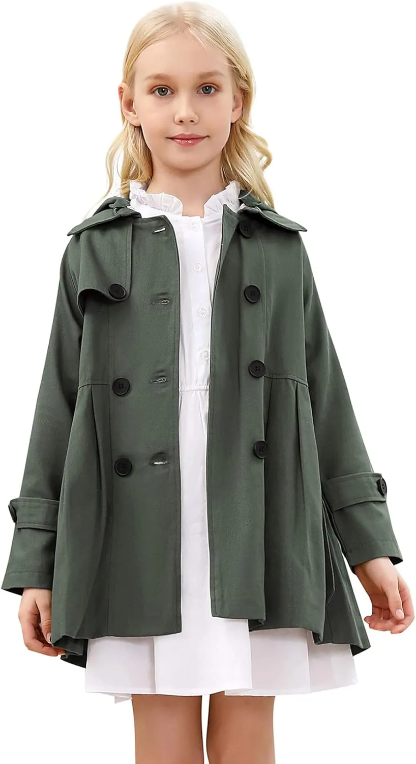 Kids Girls Outwear Jacket Hooded Lightweight Button Down Trench Coat Waterproof Active Windbreaker