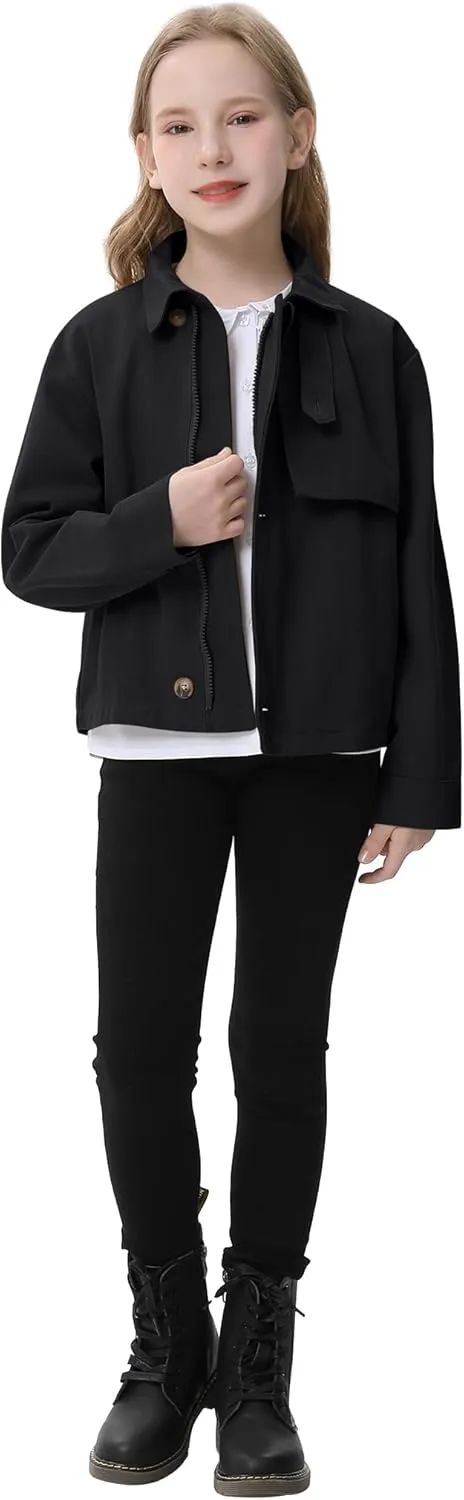 Kids Girls Outwear Jacket Hooded Lightweight Button Down Trench Coat Waterproof Active Windbreaker