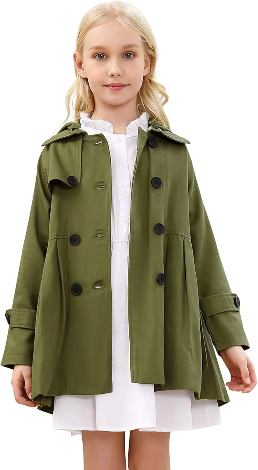 Kids Girls Outwear Jacket Hooded Lightweight Button Down Trench Coat Waterproof Active Windbreaker