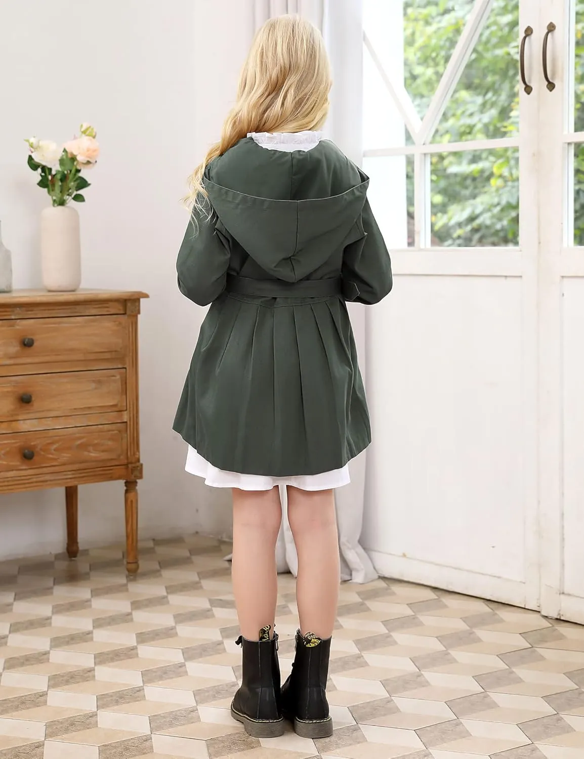 Kids Girls Outwear Jacket Hooded Lightweight Button Down Trench Coat Waterproof Active Windbreaker