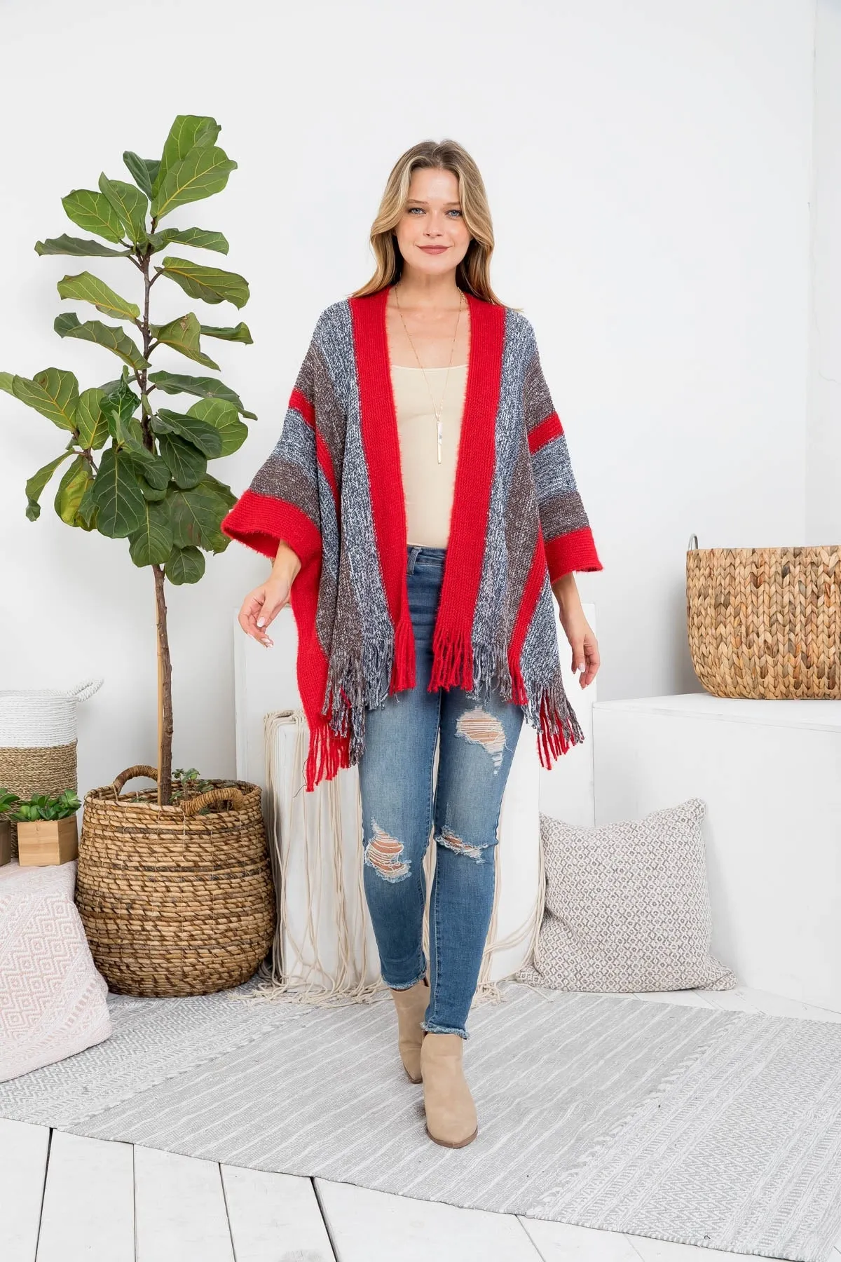 KNIT STRIPE FRINGE RUANA KIMONO (NOW $3.75 ONLY!)