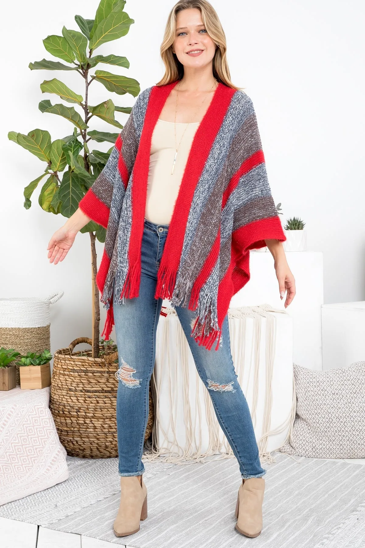 KNIT STRIPE FRINGE RUANA KIMONO (NOW $3.75 ONLY!)
