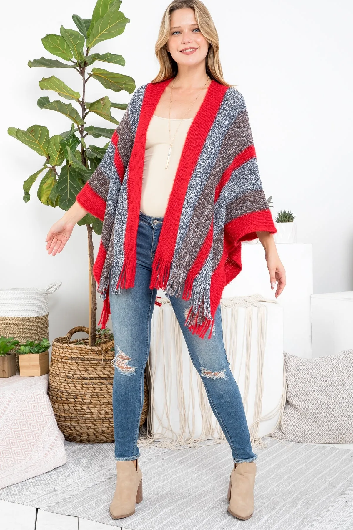 KNIT STRIPE FRINGE RUANA KIMONO (NOW $3.75 ONLY!)