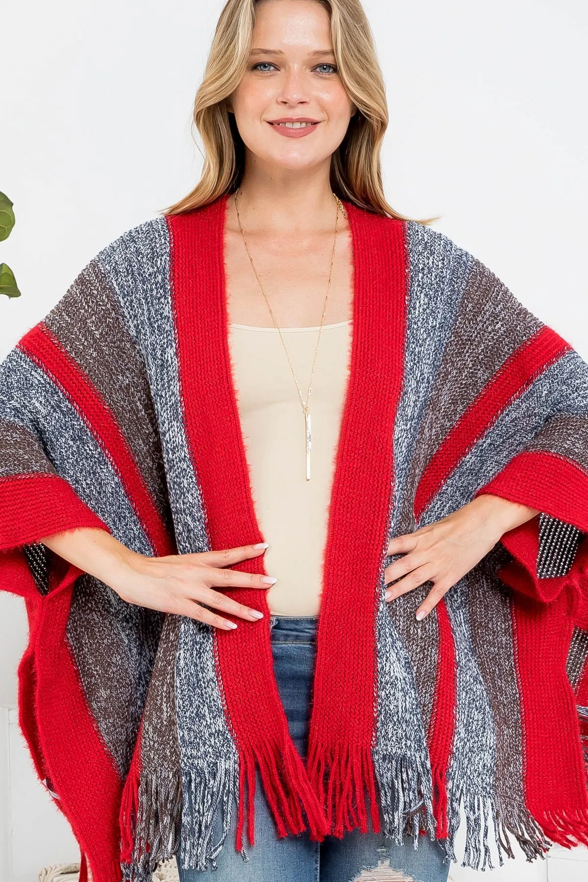 KNIT STRIPE FRINGE RUANA KIMONO (NOW $3.75 ONLY!)