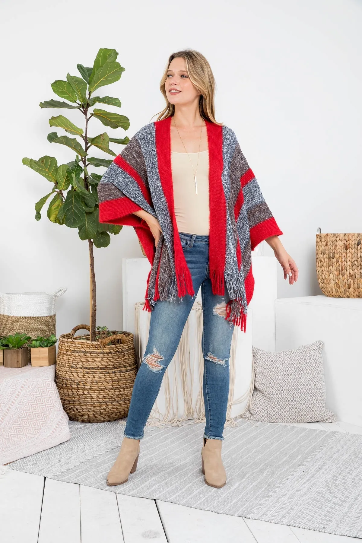 KNIT STRIPE FRINGE RUANA KIMONO (NOW $3.75 ONLY!)