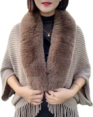 Knitting Thick Women's Loose Shawl with Fur,Faux Fur Shawl Wrap for Women,Knitted Tassel Cloaks,Winter Warm Capes Soft Shrugs (Khaki)