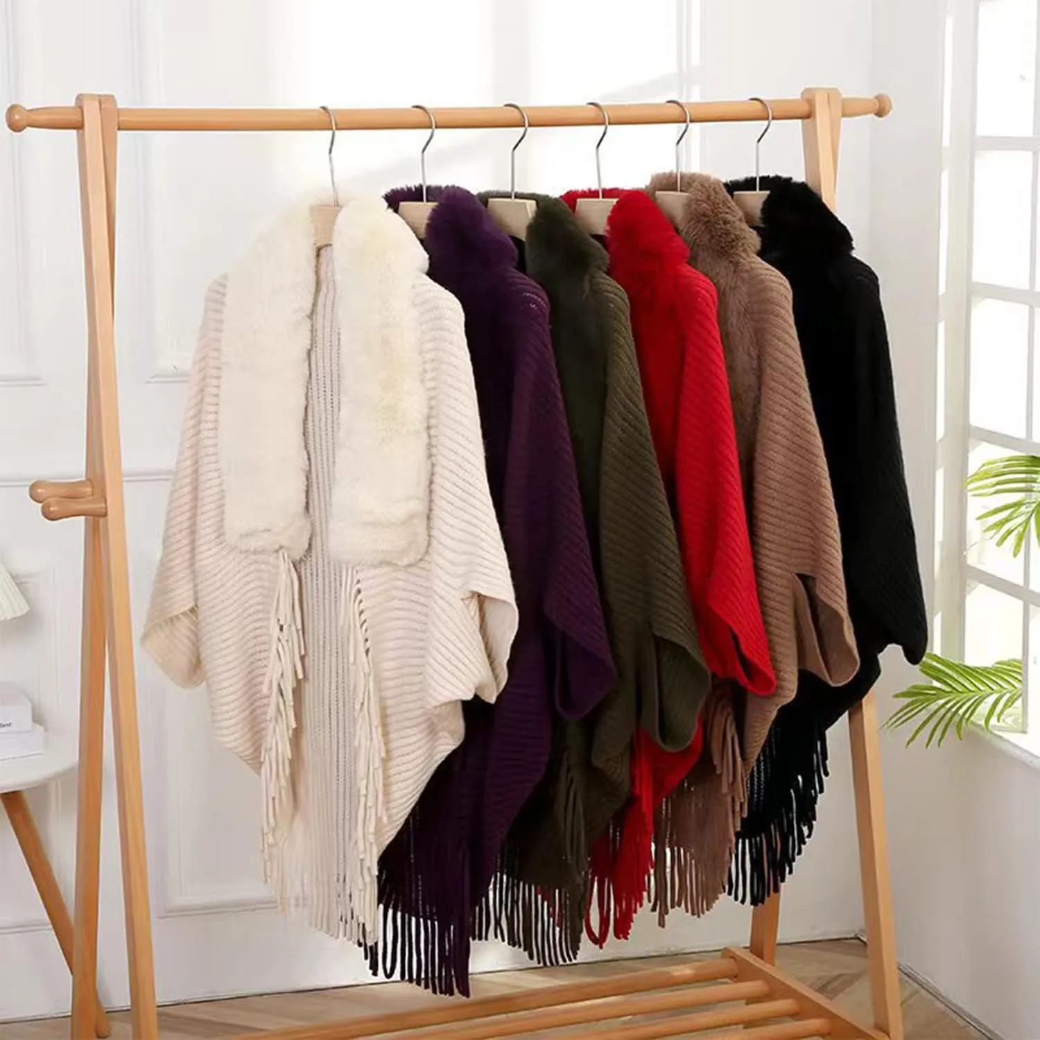 Knitting Thick Women's Loose Shawl with Fur,Faux Fur Shawl Wrap for Women,Knitted Tassel Cloaks,Winter Warm Capes Soft Shrugs (Khaki)