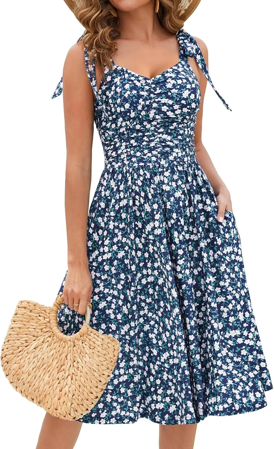 Kranda Women 2025 Summer Casual Spaghetti Strap Sundress V Neck Sleeveless Flowy Boho Floral Midi Dress with Pockets