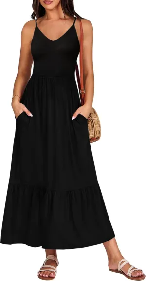 Kranda Women Summer Sleeveless Casual Long Maxi Vacation Beach Dresses V Neck Smocked Flowy Tiered Sundress with Pockets