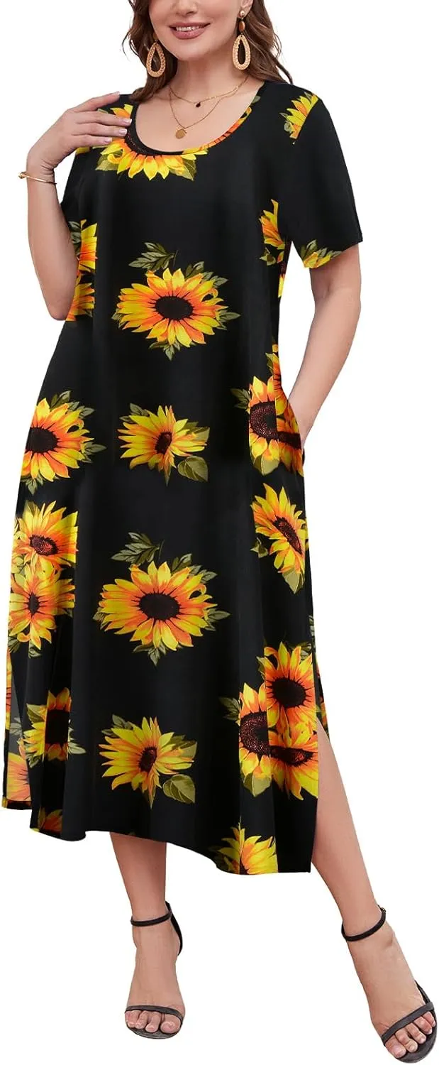 LARACE Plus Size Maxi Dress for Womens Summer Short Sleeve T Shirt Dress with Pockets Loose Fit Casual Sundresses with Slit