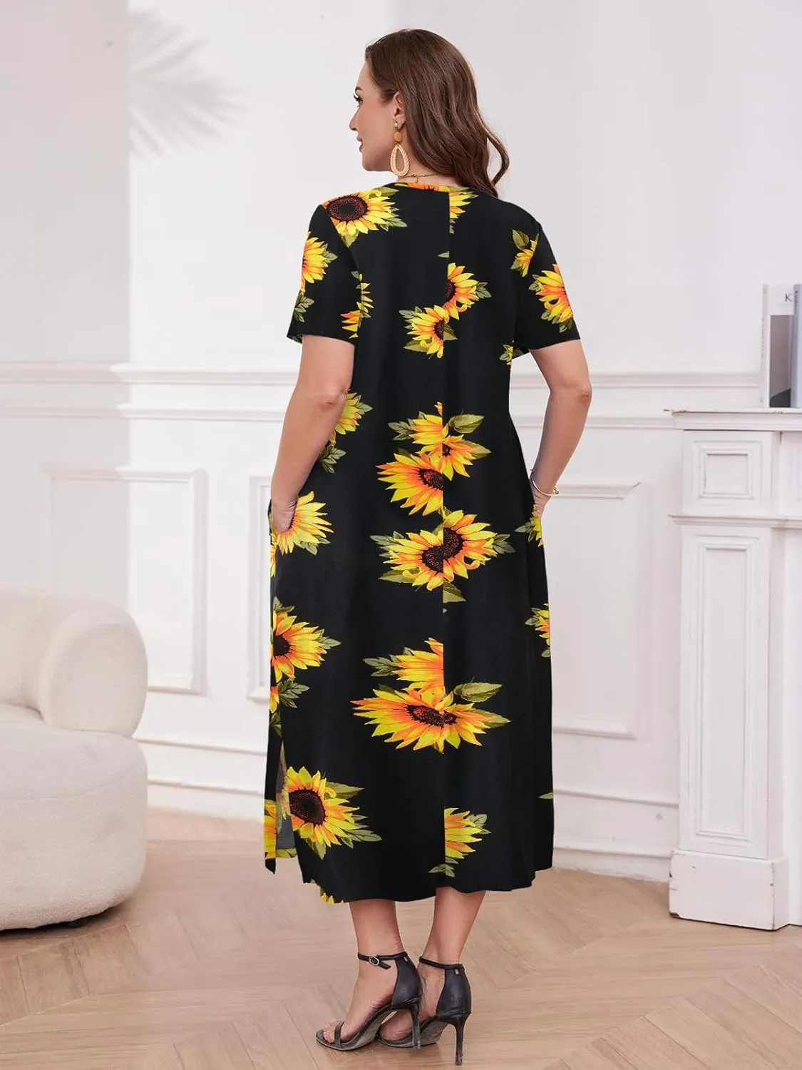 LARACE Plus Size Maxi Dress for Womens Summer Short Sleeve T Shirt Dress with Pockets Loose Fit Casual Sundresses with Slit