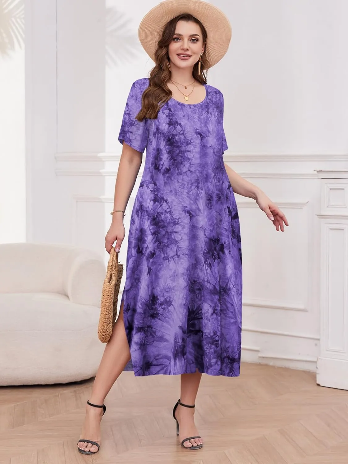 LARACE Plus Size Maxi Dress for Womens Summer Short Sleeve T Shirt Dress with Pockets Loose Fit Casual Sundresses with Slit