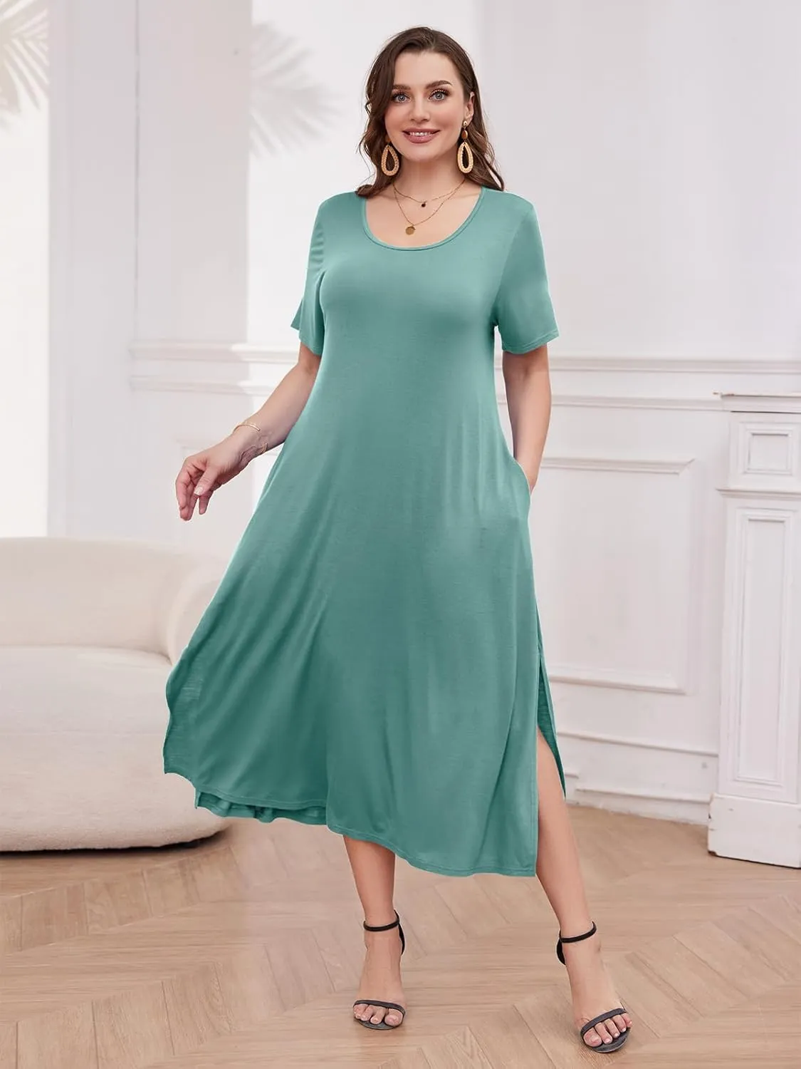 LARACE Plus Size Maxi Dress for Womens Summer Short Sleeve T Shirt Dress with Pockets Loose Fit Casual Sundresses with Slit