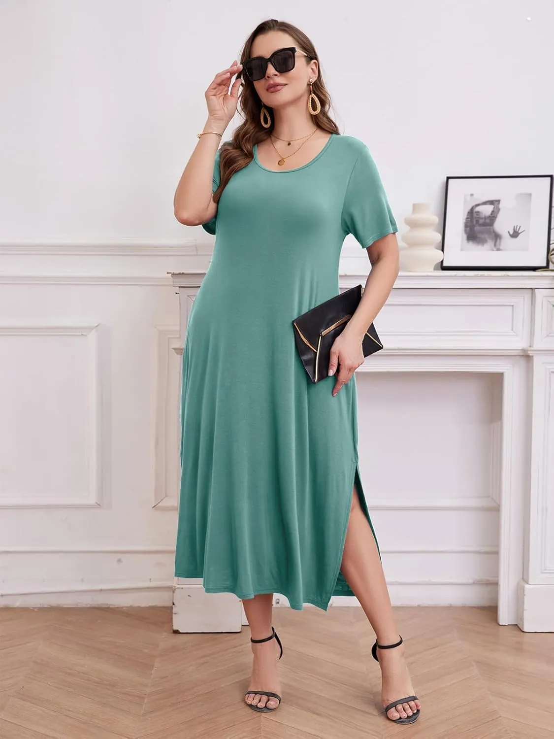 LARACE Plus Size Maxi Dress for Womens Summer Short Sleeve T Shirt Dress with Pockets Loose Fit Casual Sundresses with Slit