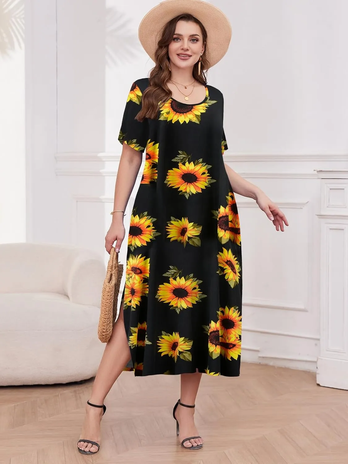 LARACE Plus Size Maxi Dress for Womens Summer Short Sleeve T Shirt Dress with Pockets Loose Fit Casual Sundresses with Slit