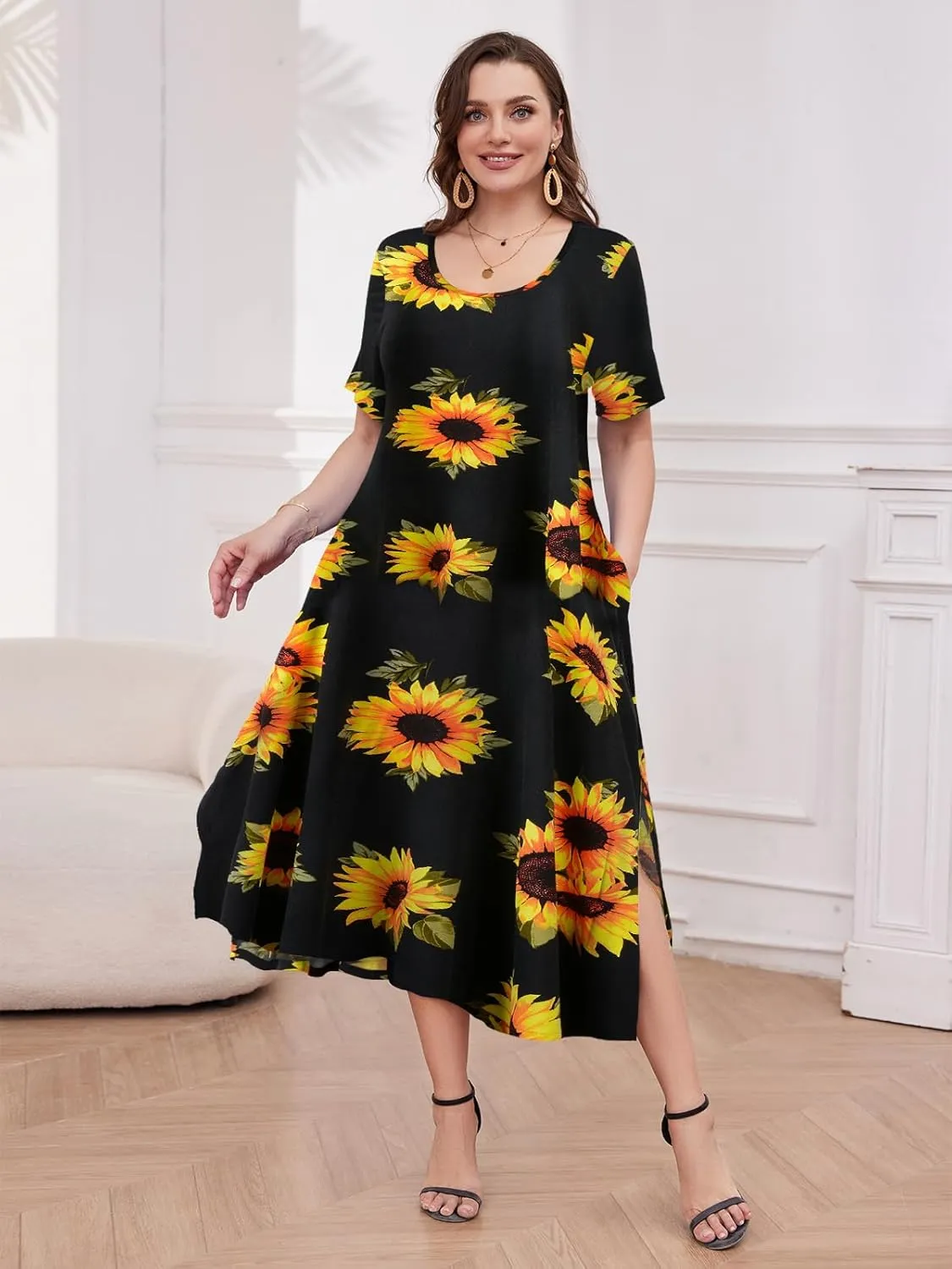 LARACE Plus Size Maxi Dress for Womens Summer Short Sleeve T Shirt Dress with Pockets Loose Fit Casual Sundresses with Slit