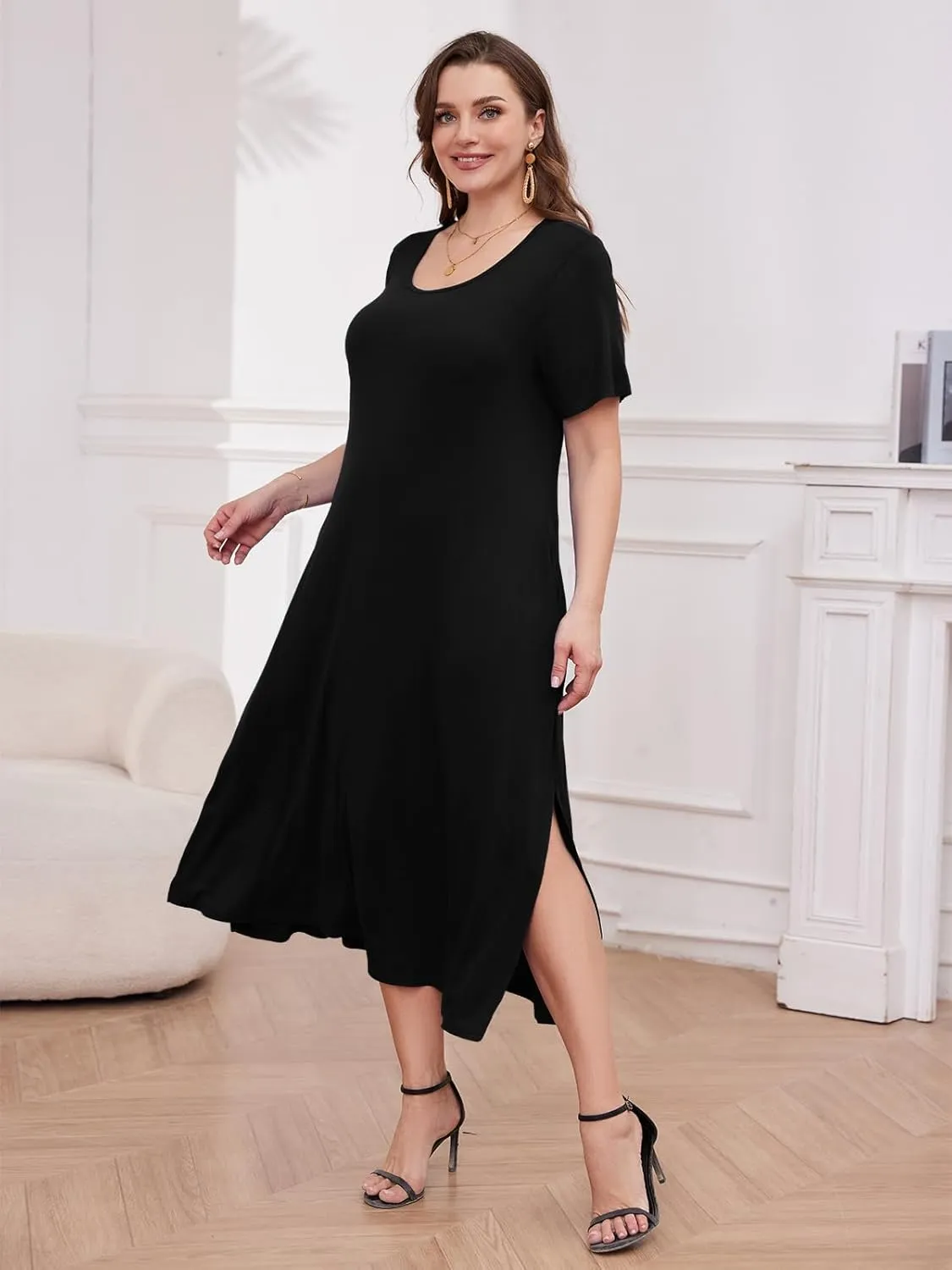 LARACE Plus Size Maxi Dress for Womens Summer Short Sleeve T Shirt Dress with Pockets Loose Fit Casual Sundresses with Slit