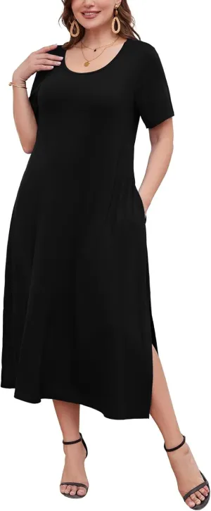 LARACE Plus Size Maxi Dress for Womens Summer Short Sleeve T Shirt Dress with Pockets Loose Fit Casual Sundresses with Slit