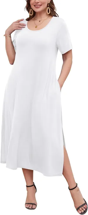 LARACE Plus Size Maxi Dress for Womens Summer Short Sleeve T Shirt Dress with Pockets Loose Fit Casual Sundresses with Slit