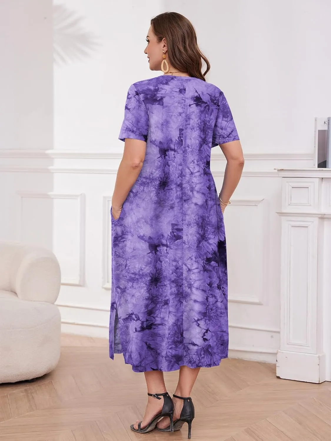 LARACE Plus Size Maxi Dress for Womens Summer Short Sleeve T Shirt Dress with Pockets Loose Fit Casual Sundresses with Slit