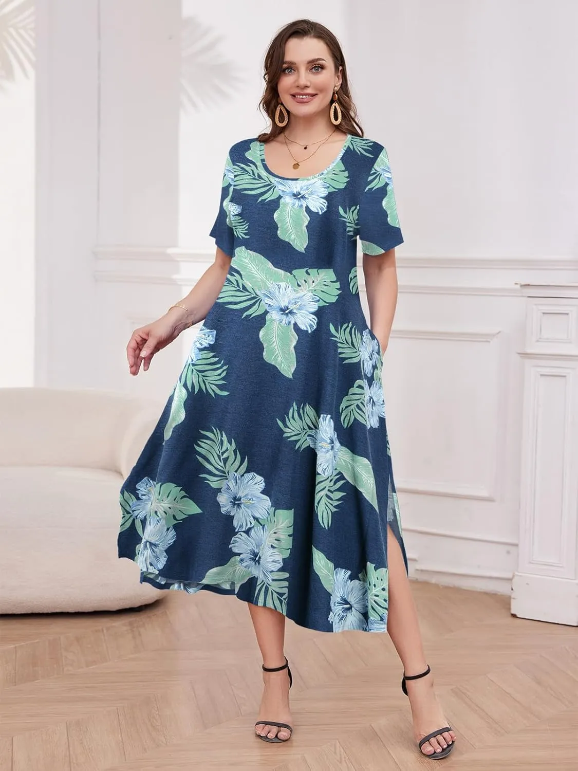 LARACE Plus Size Maxi Dress for Womens Summer Short Sleeve T Shirt Dress with Pockets Loose Fit Casual Sundresses with Slit