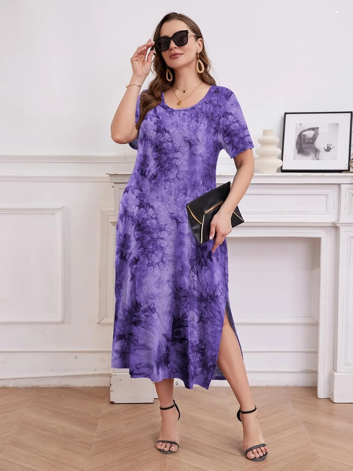 LARACE Plus Size Maxi Dress for Womens Summer Short Sleeve T Shirt Dress with Pockets Loose Fit Casual Sundresses with Slit
