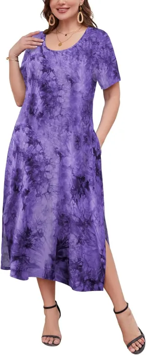 LARACE Plus Size Maxi Dress for Womens Summer Short Sleeve T Shirt Dress with Pockets Loose Fit Casual Sundresses with Slit