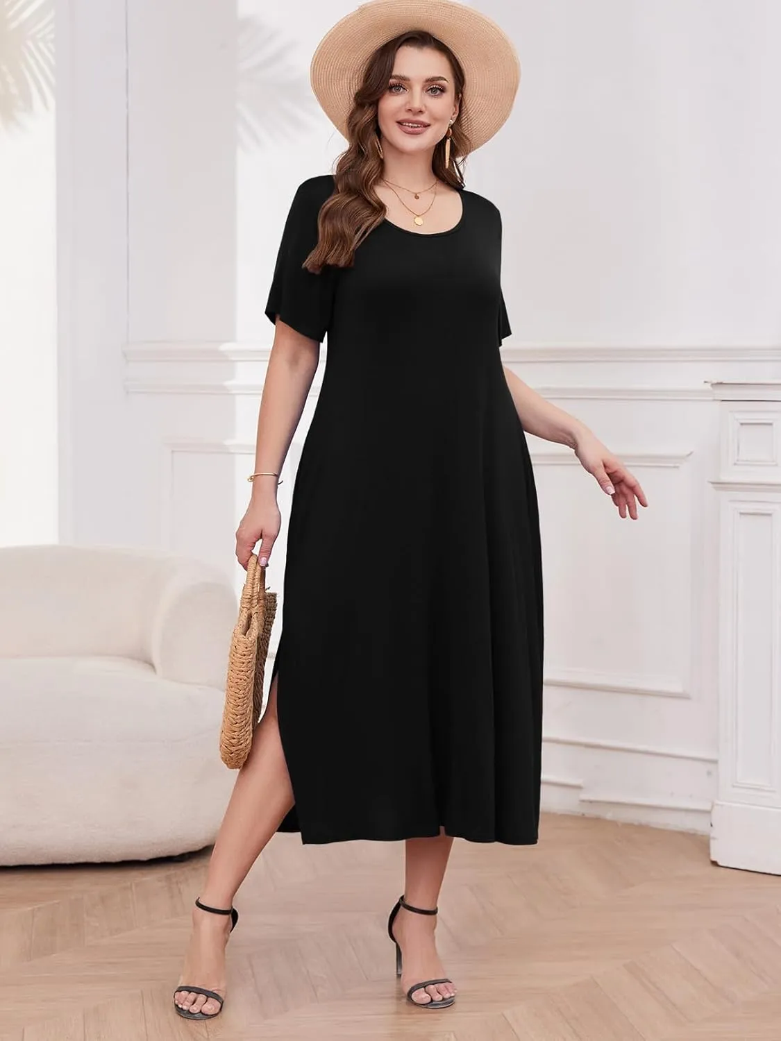 LARACE Plus Size Maxi Dress for Womens Summer Short Sleeve T Shirt Dress with Pockets Loose Fit Casual Sundresses with Slit