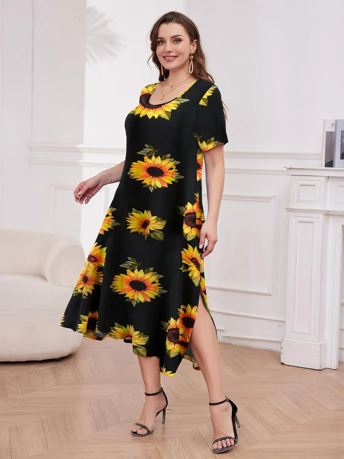 LARACE Plus Size Maxi Dress for Womens Summer Short Sleeve T Shirt Dress with Pockets Loose Fit Casual Sundresses with Slit