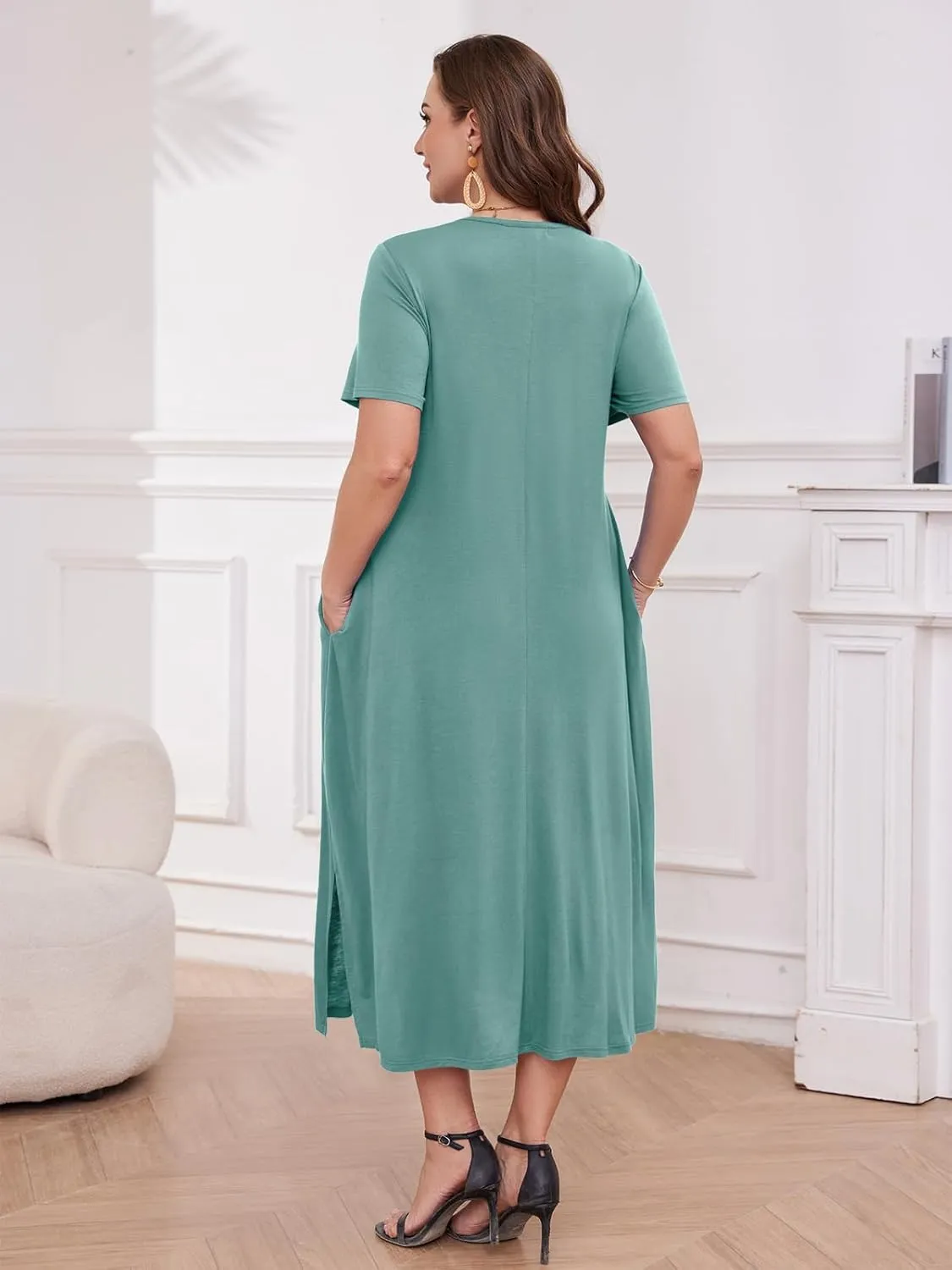 LARACE Plus Size Maxi Dress for Womens Summer Short Sleeve T Shirt Dress with Pockets Loose Fit Casual Sundresses with Slit