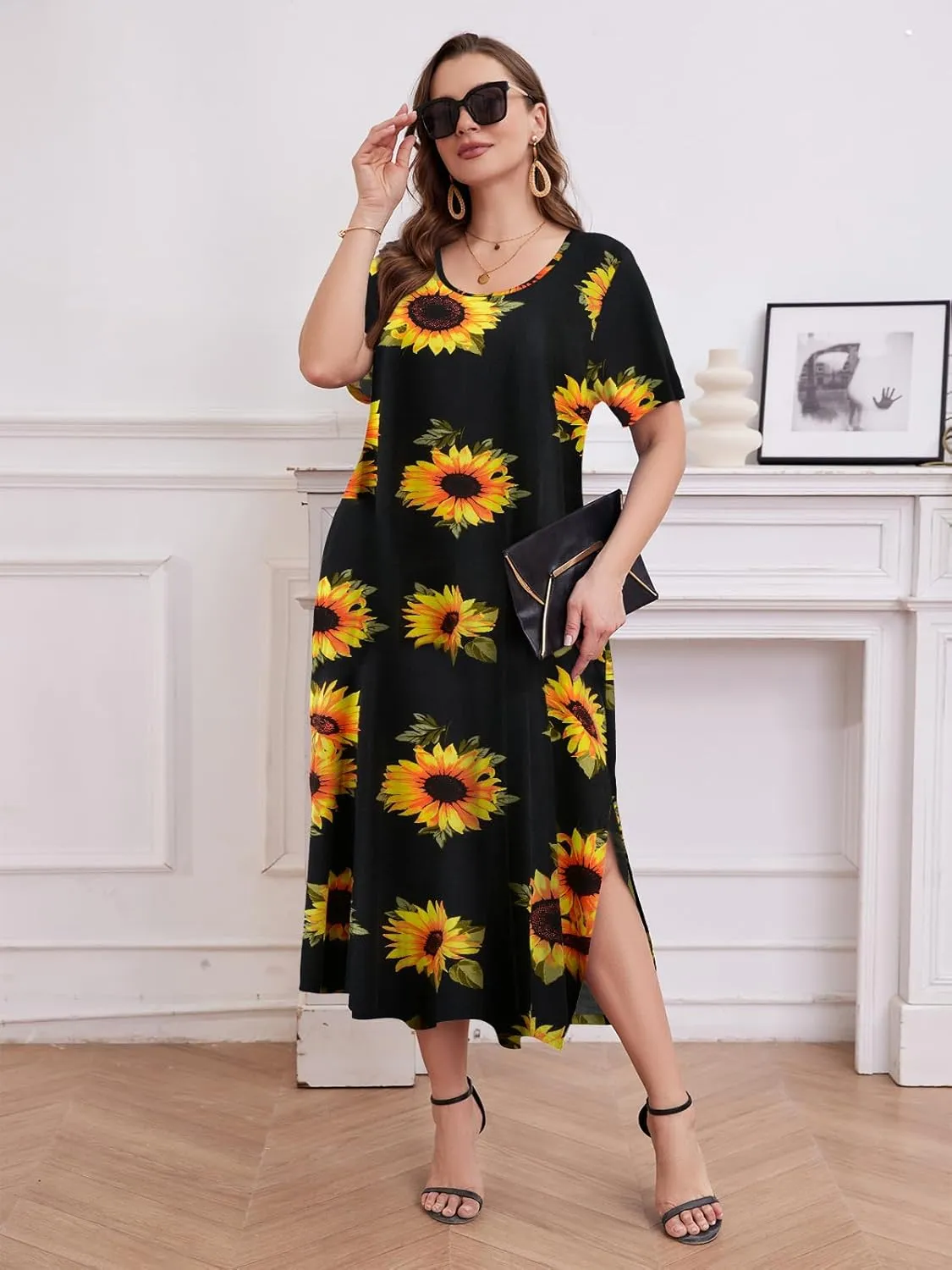 LARACE Plus Size Maxi Dress for Womens Summer Short Sleeve T Shirt Dress with Pockets Loose Fit Casual Sundresses with Slit